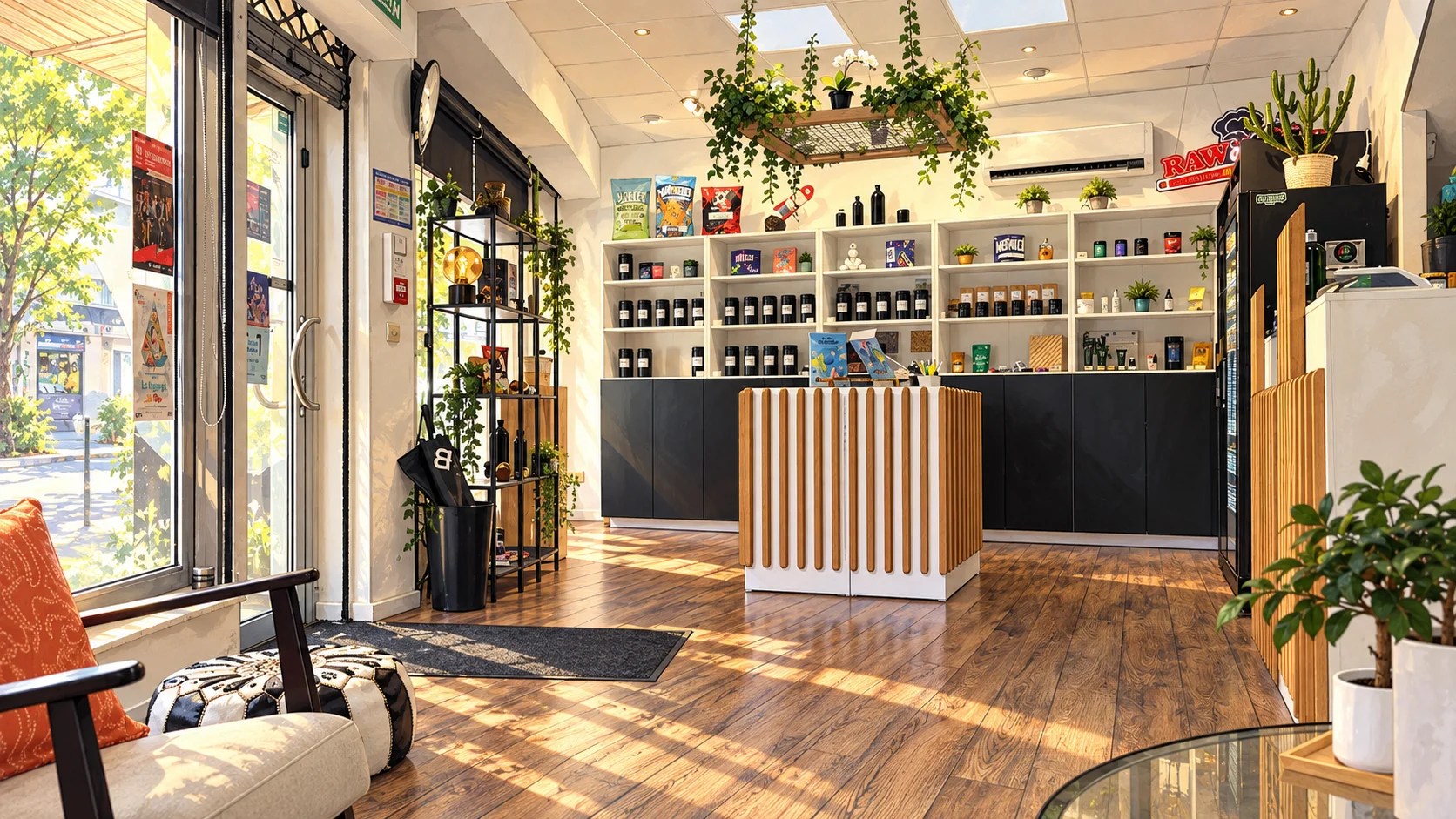 Intérieur de la boutique Luxeverde à Yutz, avec son comptoir en bois, ses étagères et ses plantes.